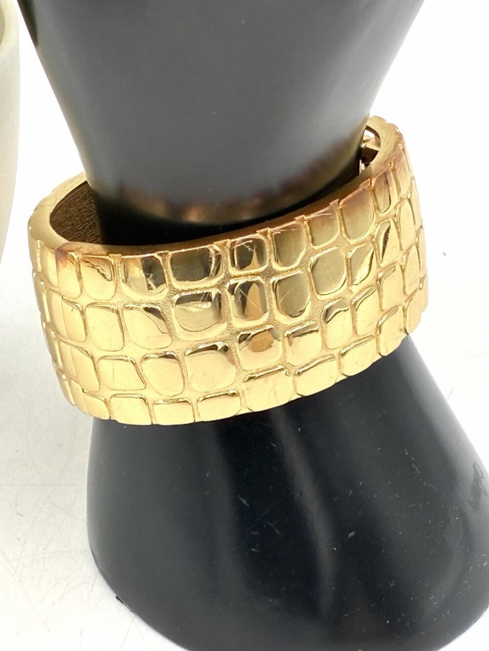 Wide Gold Tone Crocodile Texture Hinged Cuff Bracelet Statement Jewelry